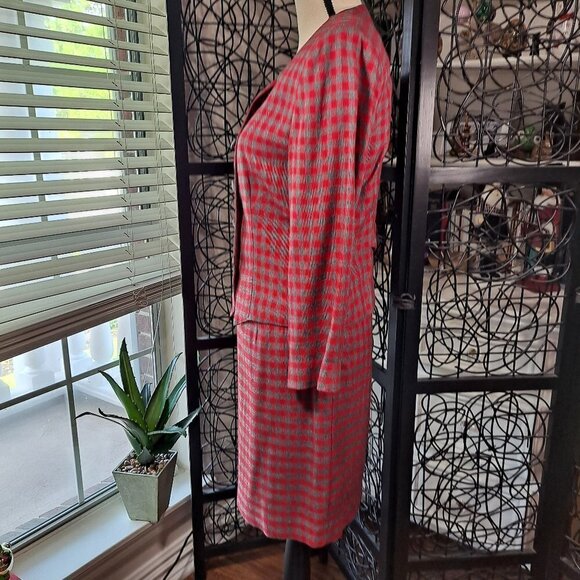 Christy Girl 2 Piece Skirt Suit Red/Gray Check 90's Shoulder Pads Pencil Skirt - Picture 4 of 15